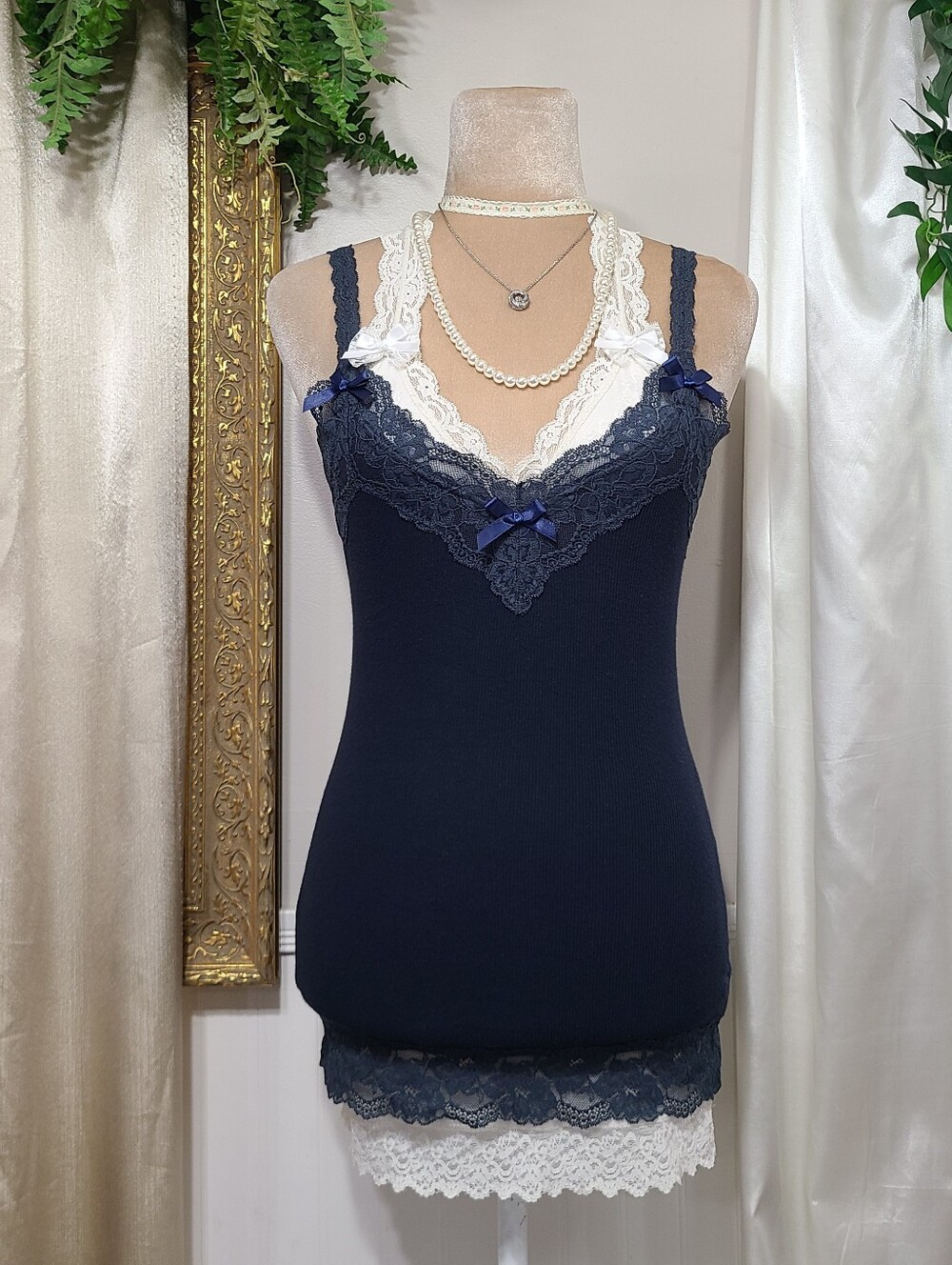 ♡ Y2K ♡ Abercrombie And Fitch Navy Blue Lace Cami Satin Bows Tank Top